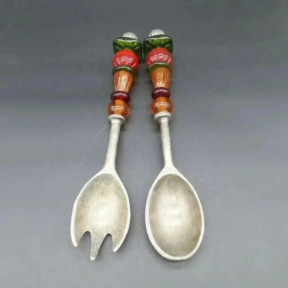 Handcrafted Large Serving Spoon Fork Set with Beaded Handles Vintage MCM